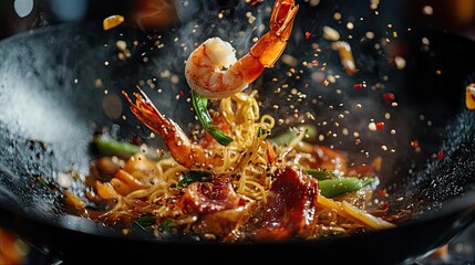 A stunning freeze-motion shot of vibrant Asian wok noodles soaring through the air, mixed with succulent prawns and colorful vegetables,