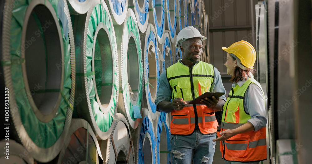 Wall mural african american engineer man discussing women worker in construction warehouse steel plant factory.