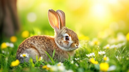 Fototapeta premium A cute rabbit sits in a sunlit meadow filled with flowers.