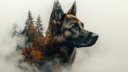 A wolf's profile blended with a forest landscape in mist.