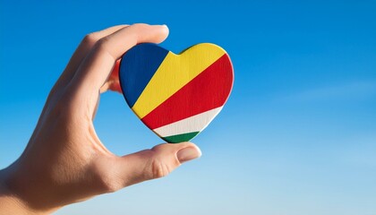 手で持っているセーシェルの国旗のハートと青空(Heart of Seychelles flag held in hand and blue sky.)
