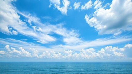 Fototapeta premium A vast blue sky with fluffy white clouds floating above a calm blue ocean.