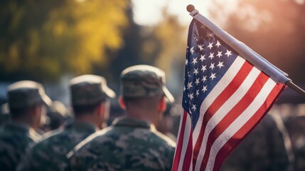 Group of soldiers with American flag at sunset ceremony. Honoring military service.