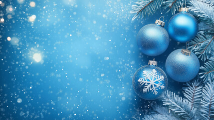Christmas blue background. Blue branches of a spruce tree and decorations along the edge of the frame. Free space for copy-paste.
