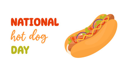 National hot dog day, celebrating 4th of July. Hot dog isolated on white background. Vector banner, flat style.