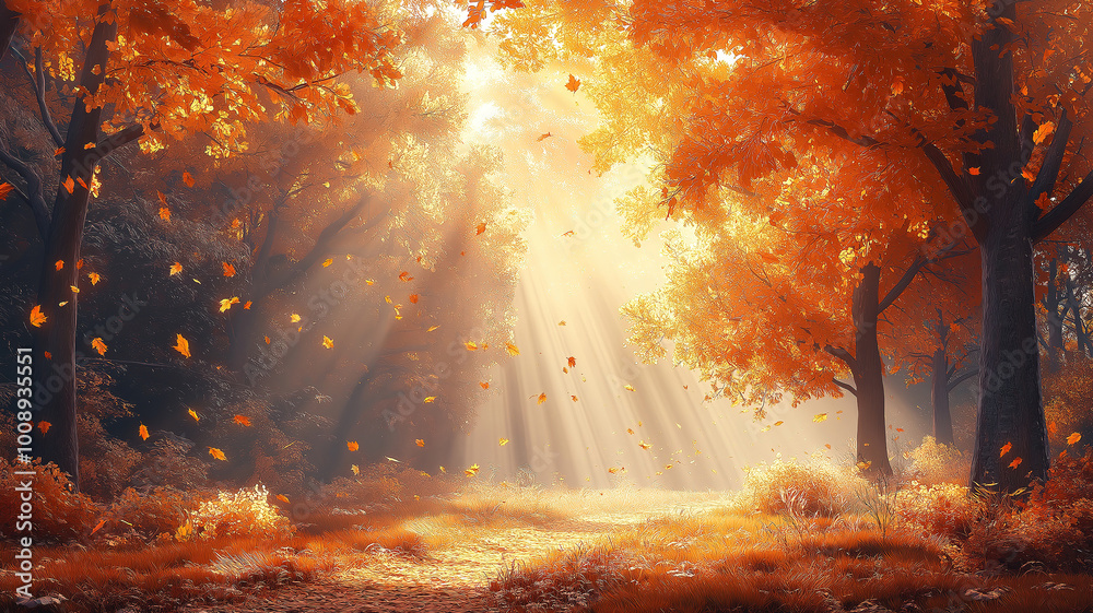 Wall mural chic fall scene highlighting the beauty of trees and colorful foliage in sunlight