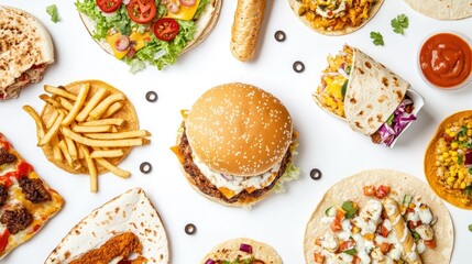 A top-down shot of a variety of fast food items, including chicken burgers, pizza, tacos, shawarma, corndogs, burritos,