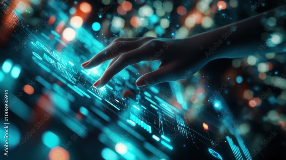 Poster a hand interacting with a futuristic interface