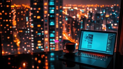 A laptop with a cup of coffee on a table in front of a window with a city skyline at night.