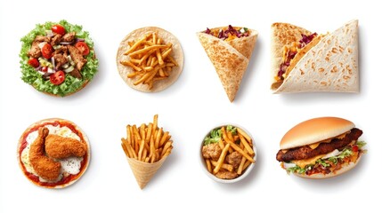 A vibrant close-up of a fast food set featuring fried chicken, fries, tacos, pizza, shawarma, burrito, and chicken burger,