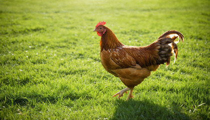 Chicken in a Lush Green Field Farm Animal Rural Life.