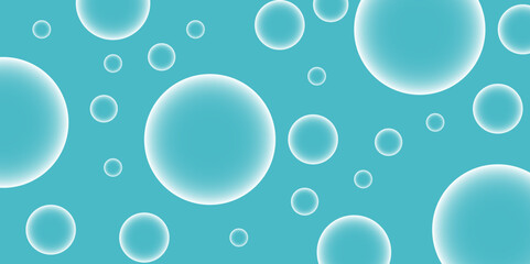 white bubbles. Abstract, white transparent and soap bubbles floating in the air. Design soap bubbles on a blue gradian background. with circles. Banner pattern with copy space illustration.