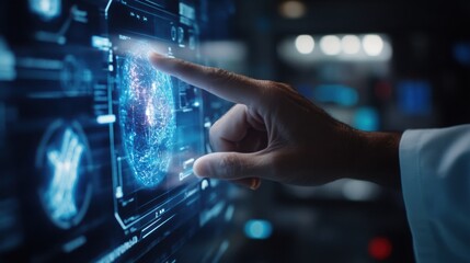 Close-up side view of a doctora??s hand navigating through a hologram, with AI providing real-time feedback on patient health.