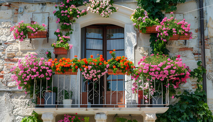 Exterior of beautiful residential building with balcony and flowers