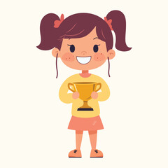 Happy cute kid Girl win game gold trophy Flat illustration