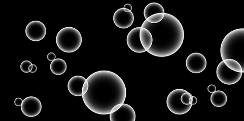white bubbles. Abstract, white  transparent and soap bubbles floating in the air. Design soap bubbles on a bluck background. with circles. Banner pattern with copy space illustration.