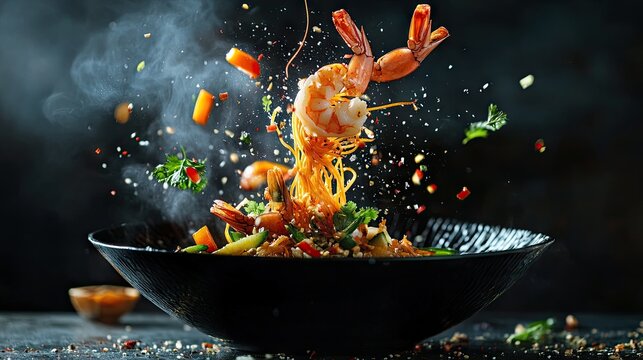 A vibrant scene of wok noodles caught mid-air, with juicy prawns and bright veggies suspended around them,