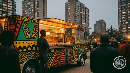 Vibrant African food truck with colorful patterns serving traditional dishes at urban park during golden hour