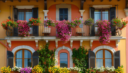 Fototapeta premium Exterior of beautiful residential building with balcony and flowers