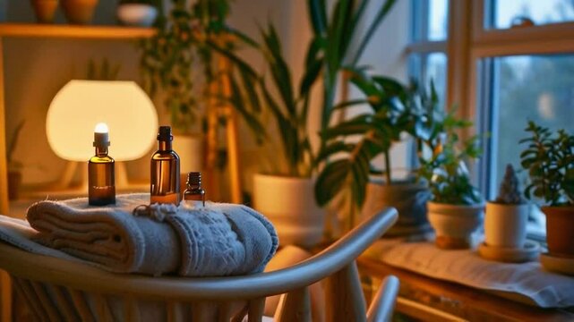 A cozy setting with essential oils, plants, and soft textiles for relaxation and wellness.