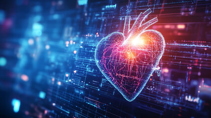 Obraz premium A glowing digital heart, rendered in a futuristic style.