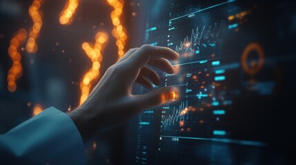 Close-up side view of a doctora??s hand making selections on a holographic screen, with AI analyzing a patienta??s genetic profile.