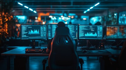 Developers collaborating in a modern gaming studio office with engaging visuals and bright lighting