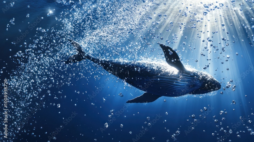 Poster A whale swimming gracefully through bubbles in a sunlit underwater scene.