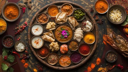 Fototapeta premium Aerial perspective of a round thali filled with an assortment of Indian dishes, with vibrant colors and textures,