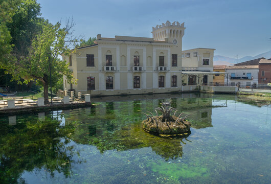 View of the "Palazzina Liberty", built in the early 20th century, overlooking the lake in Venafro, an Italian municipality in the province of Isernia in Molise, Italy.