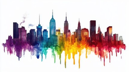 Fototapeta premium Watercolor Skyline of a City with Rainbow Drips