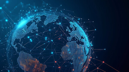 A digital representation of the Earth with glowing blue and red connections, highlighting the interconnectedness of the world.