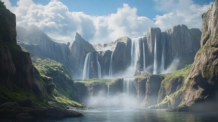 Naklejka premium Majestic Waterfalls Cascading Down a Lush Mountain Gorge