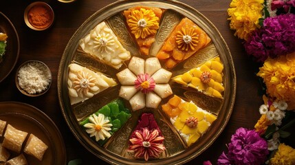 Aerial shot of kaju katli elegantly arranged on a round platter, surrounded by floral decorations,