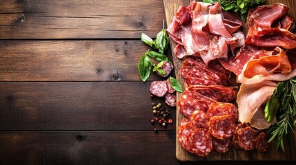Meat antipasto platter with salami, prosciutto, and bacon, laid out on a wooden table, with copy space