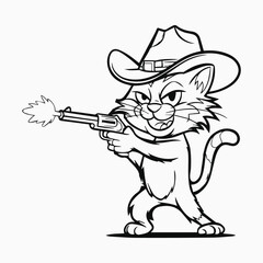 Bold Line Art Funny Cat Firing with Gun Vector Illustration