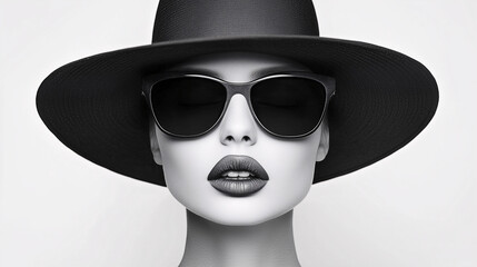 Fashionable woman in black hat and sunglasses, monochrome portrait