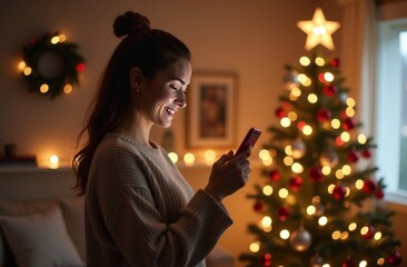 Smiling girl in a sweater against the background of a New Year tree looks at the phone, online shopping, correspondence with a guy