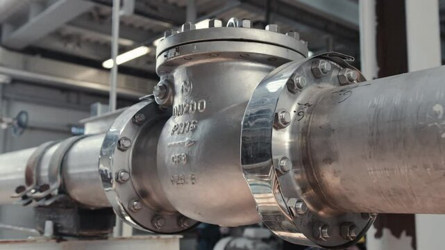 Close up of shiny clean pipe with elbow, branch and valve. Pipe flange joint