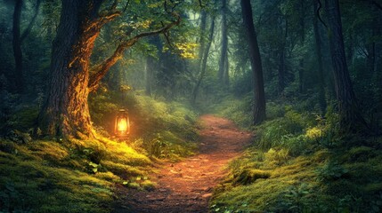 Fototapeta premium Twilight forest path glowing with soft lantern light, casting a warm glow over the trees and mossy ground, evoking enchantment. Realistic, very detailed