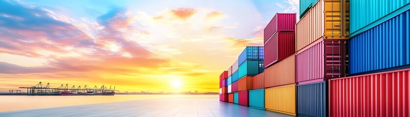 Fototapeta premium Vibrant sunset over shipping containers at a port, showcasing vibrant colors and clear skies.