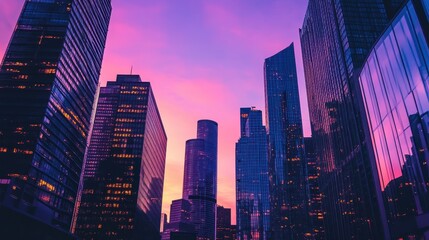 Obraz premium Modern Cityscape with Skyscrapers Against a Vibrant Pink Sunset