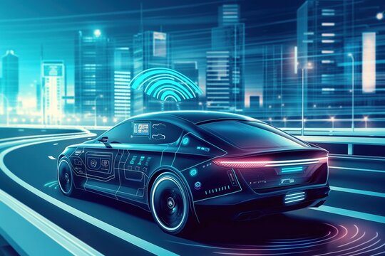 Modern car technology uses Heads-up display for autonomous self-driving mode on city road. Graphic sensor radar signals navigate intelligent vehicle. system assists driver with electronic controls,