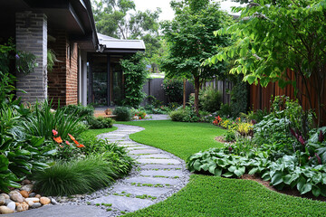 Obraz premium Landscape design. Front yard with lush lawn and beautifully landscaped garden. Generated by artificial intelligence