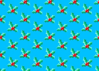 New Year red berry with leaves. Seamless Christmas pattern with red berries. Pattern with cranberries. Set with red berries on a blue background. A bouquet of leaves and berries.