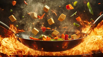 An action-packed shot featuring a wok pan with ingredients like tofu, carrots, and snap peas flying above it,