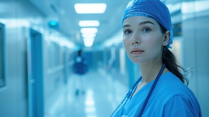 Blue-scrubbed healthcare worker in hospital hallway