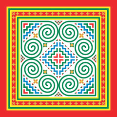 Hmong ethnic patterns designed in green, blue, and red tones that are unique to this ethnic group are used in clothing design.