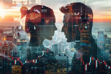 Multinational business people analyzing forex in New York Cityscape.