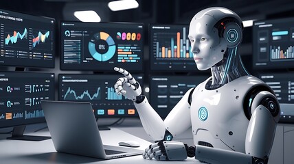  A futuristic scene of a computerized business analysis system with intelligent AI robots